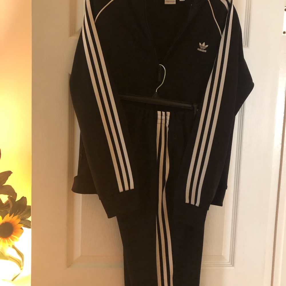 Adidas, two piece sweatsuit jacket and pants corduroy cap included